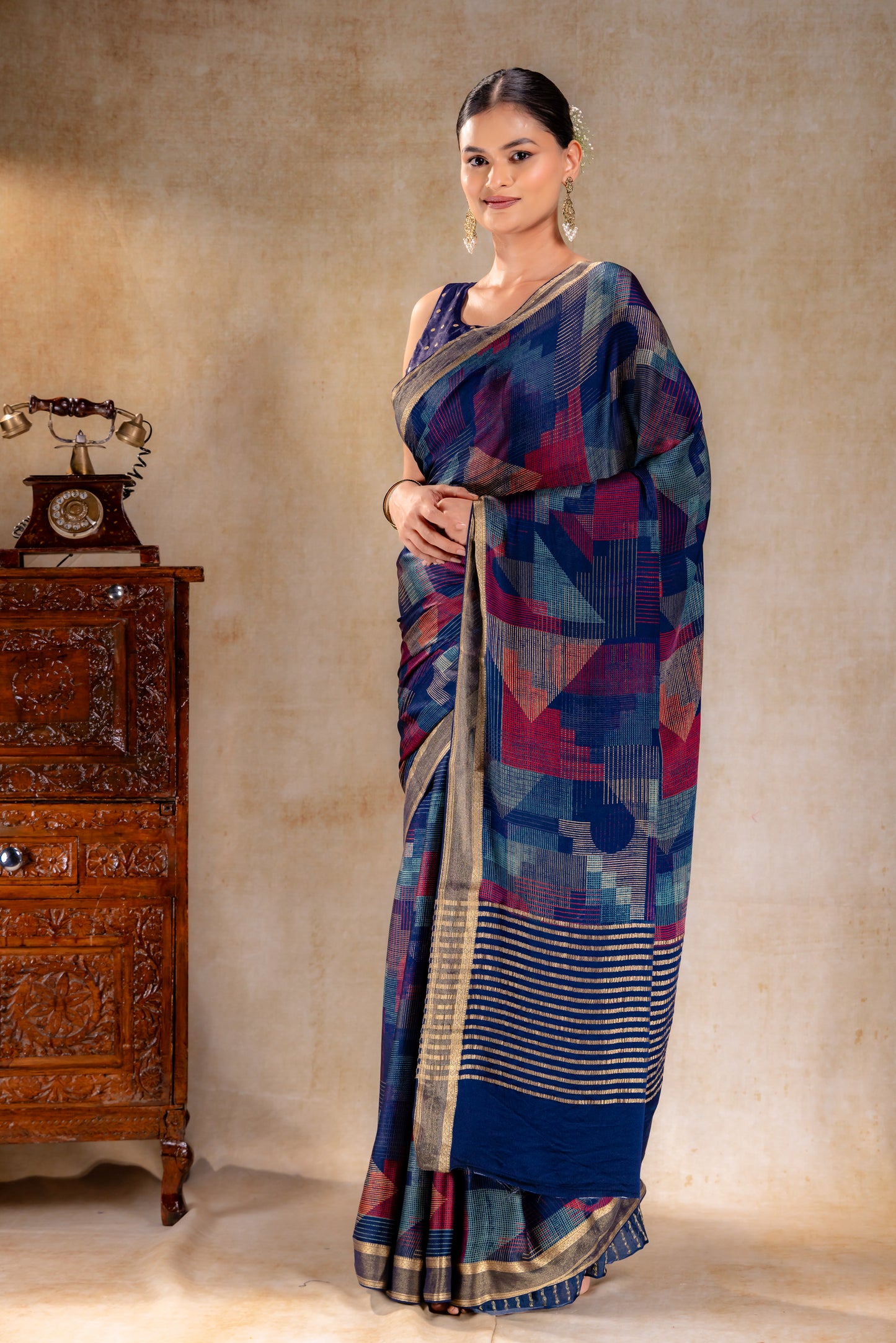 Ink Blue Geometric Print Satin Saree with Gold Zari Border