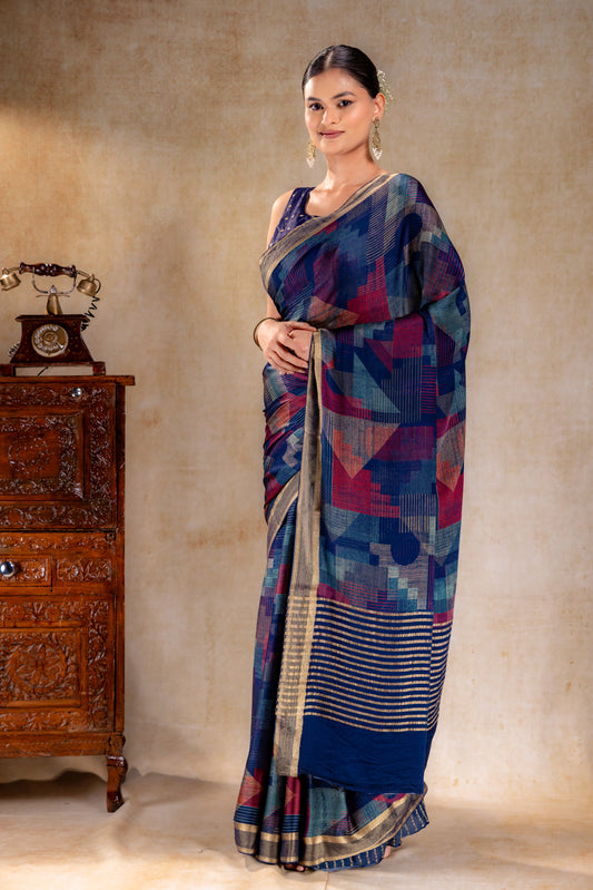Ink Blue Geometric Print Satin Saree with Gold Zari Border