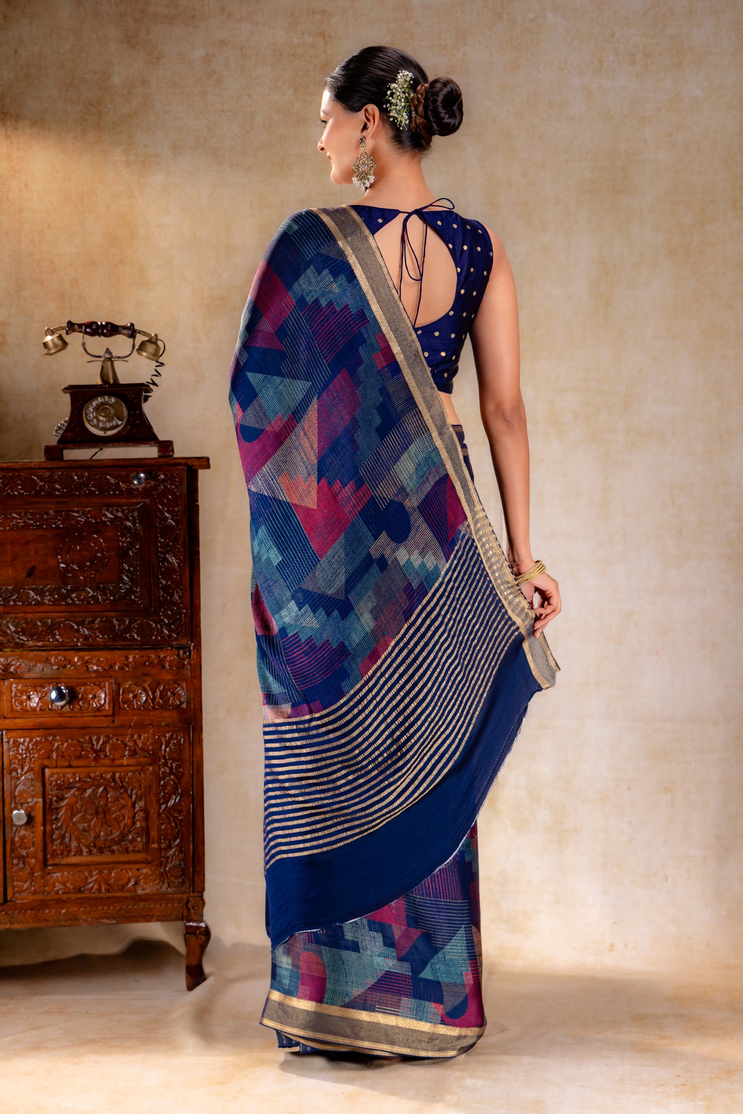 Ink Blue Geometric Print Satin Saree with Gold Zari Border
