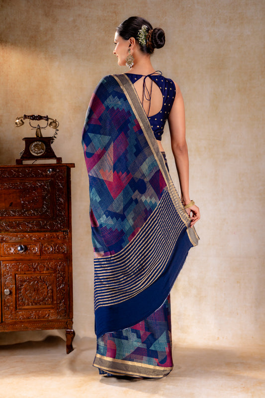 Ink Blue Geometric Print Satin Saree with Gold Zari Border