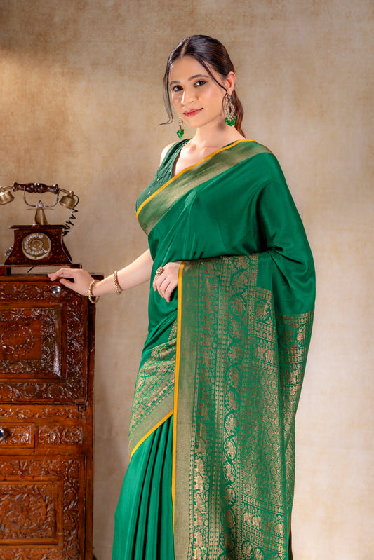 Emerald Green Crepe Silk Saree with Antique Elephant Zari Border