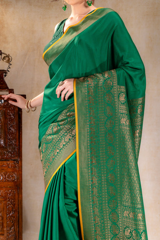 Emerald Green Crepe Silk Saree with Antique Elephant Zari Border
