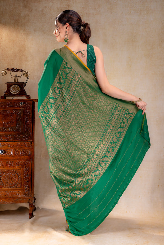 Emerald Green Crepe Silk Saree with Antique Elephant Zari Border