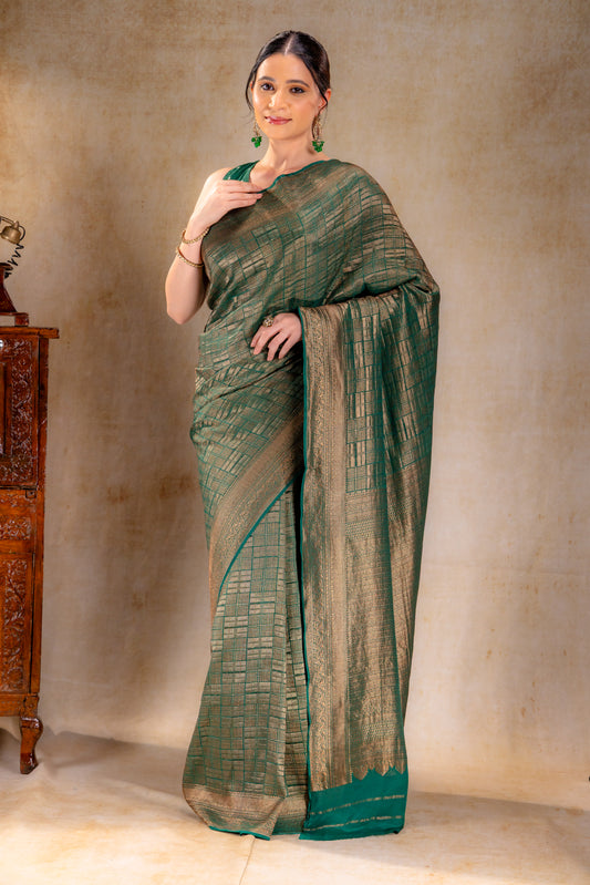 Forest Green Vat Dyed Banarasi Silk Saree with Zari Checkered Weave
