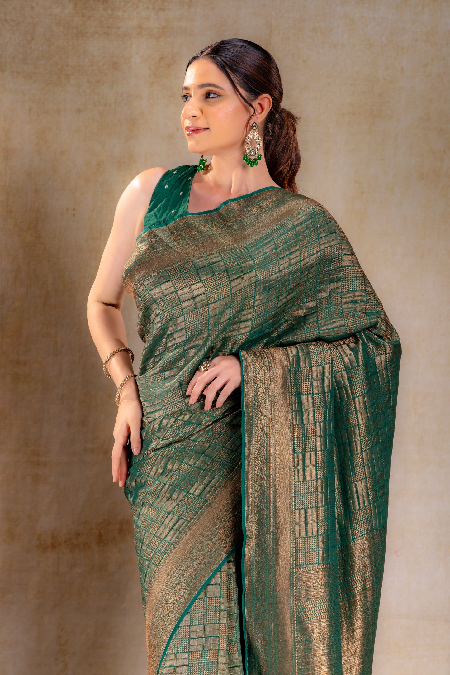 Forest Green Vat Dyed Banarasi Silk Saree with Zari Checkered Weave