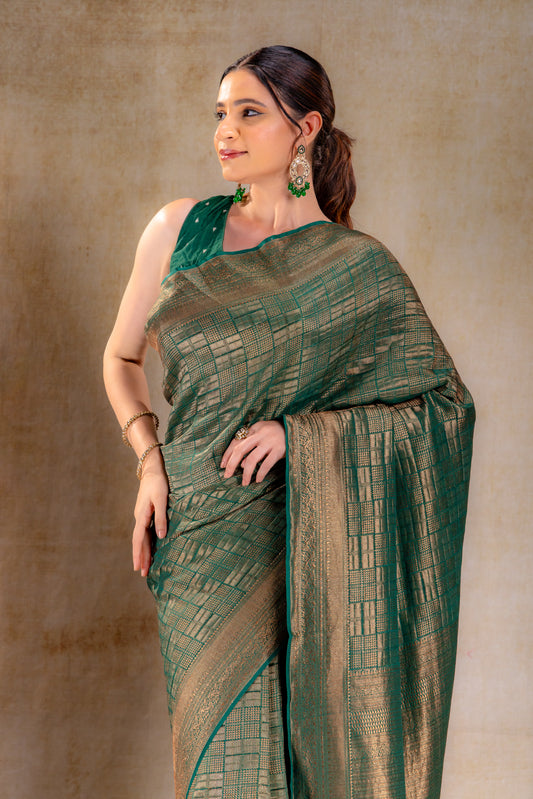 Forest Green Vat Dyed Banarasi Silk Saree with Zari Checkered Weave