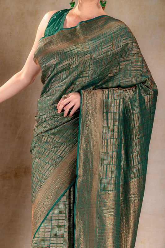 Forest Green Vat Dyed Banarasi Silk Saree with Zari Checkered Weave