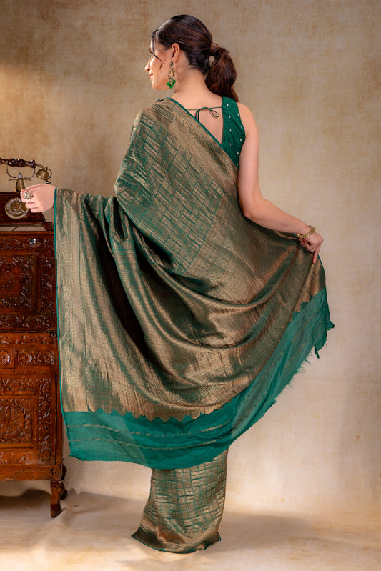 Forest Green Vat Dyed Banarasi Silk Saree with Zari Checkered Weave