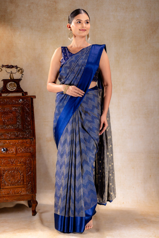 Royal Blue Crepe Silk Saree with Metallic ZigZag Weave and Satin Border