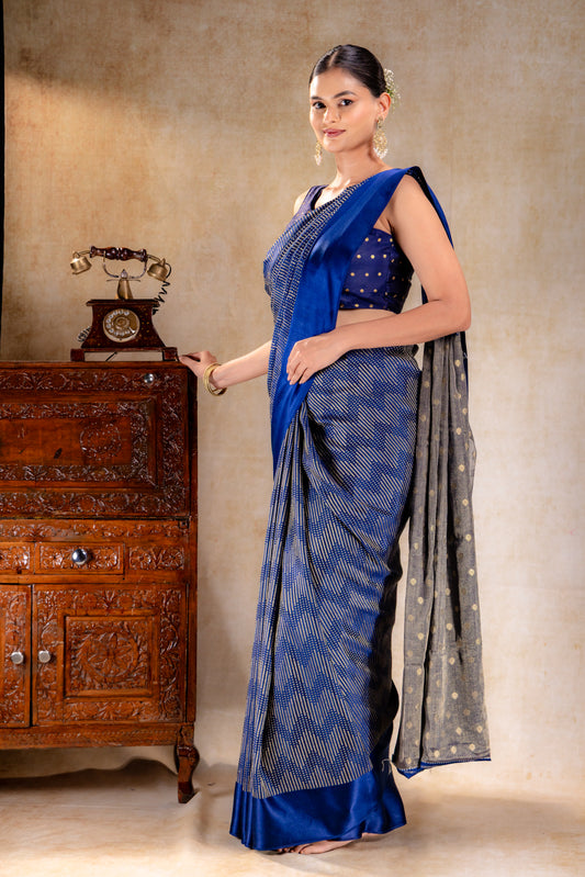 Royal Blue Crepe Silk Saree with Metallic ZigZag Weave and Satin Border