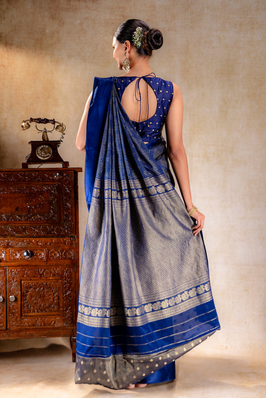 Royal Blue Crepe Silk Saree with Metallic ZigZag Weave and Satin Border