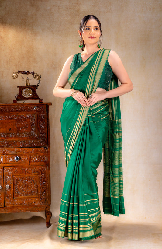Emerald Green Crepe Saree Gold Zari Rich Border