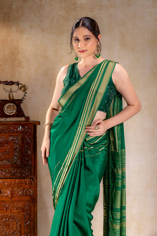Emerald Green Crepe Saree Gold Zari Rich Border