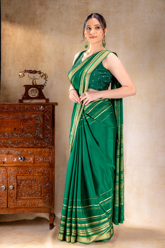 Emerald Green Crepe Saree Gold Zari Rich Border