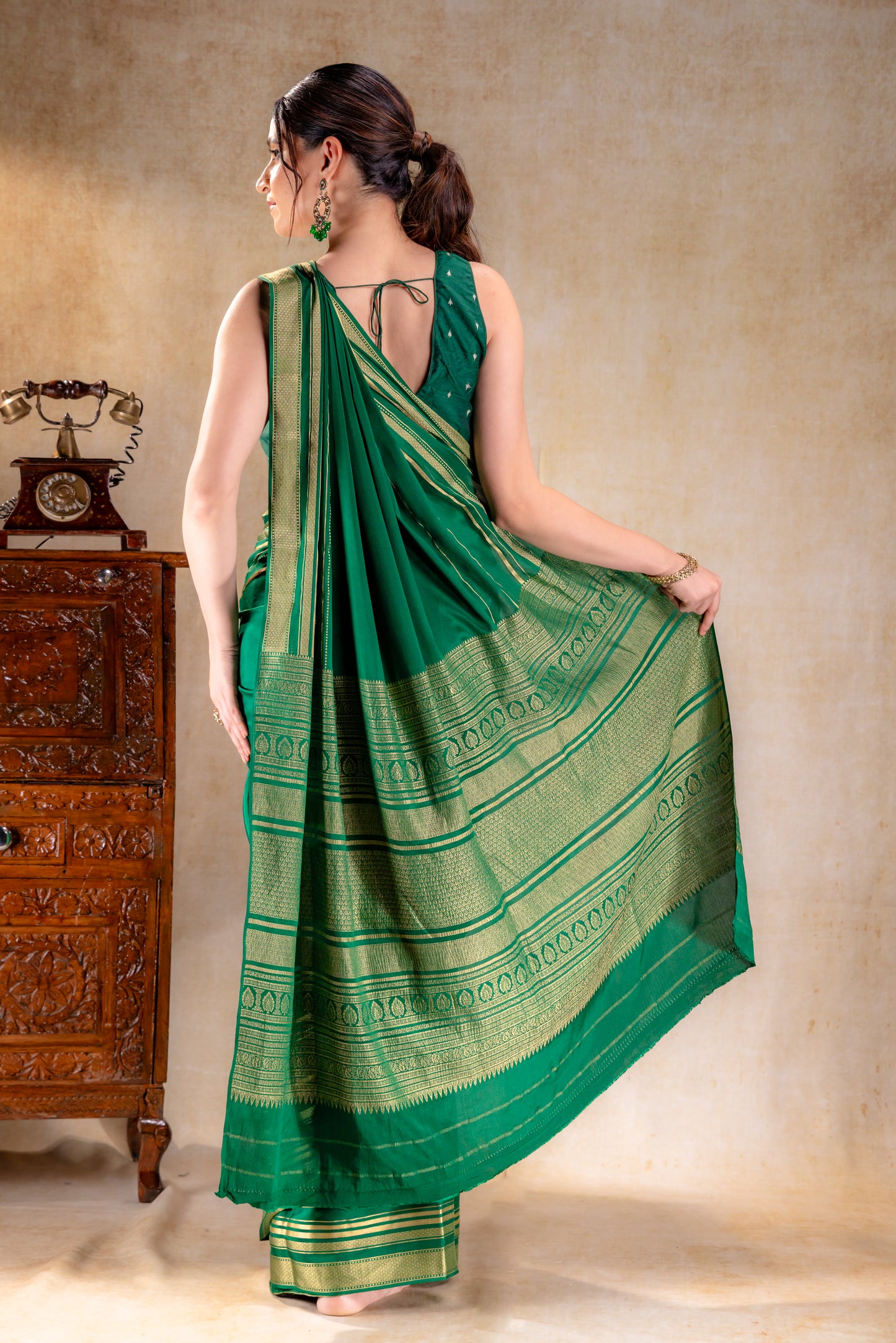 Emerald Green Crepe Saree Gold Zari Rich Border