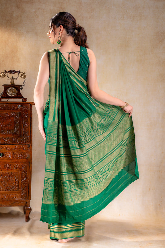 Emerald Green Crepe Saree Gold Zari Rich Border