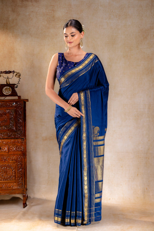 Royal Blue Crepe Saree with Gold Zari Border and Rich Pallu