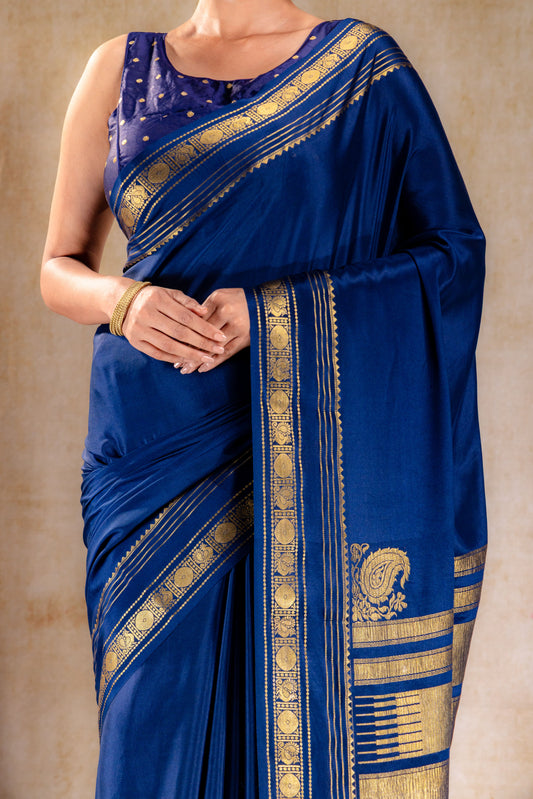 Royal Blue Crepe Saree with Gold Zari Border and Rich Pallu