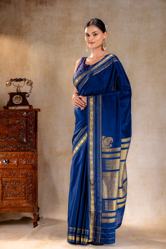 Royal Blue Crepe Saree with Gold Zari Border and Rich Pallu