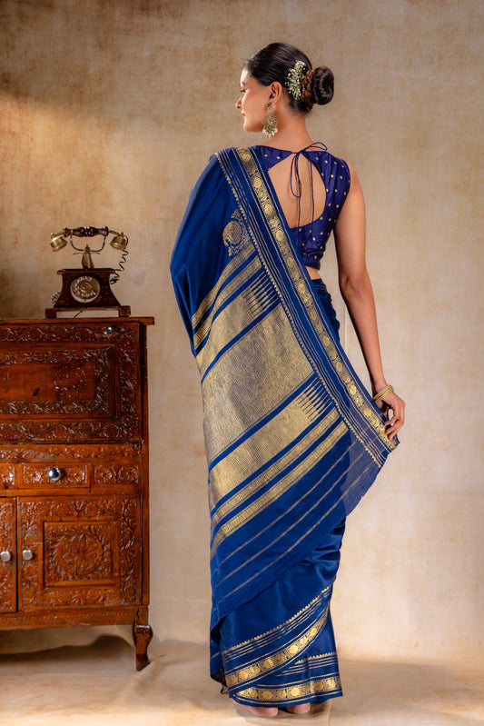Royal Blue Crepe Saree with Gold Zari Border and Rich Pallu