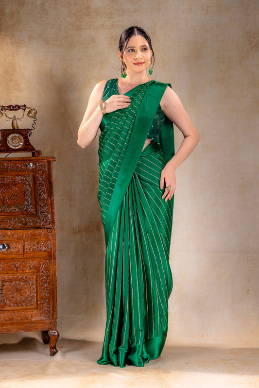 Emerald Green Crepe Saree with Gold and Silver Zari Stripe Detailing
