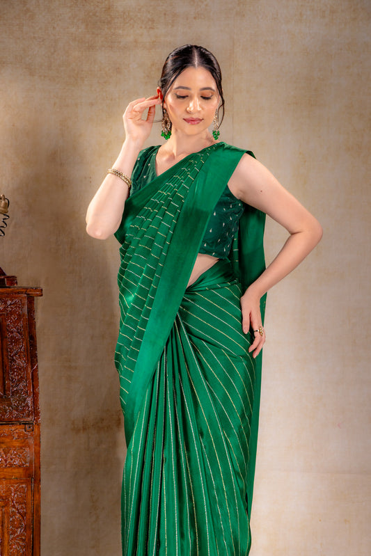 Emerald Green Crepe Saree with Gold and Silver Zari Stripe Detailing