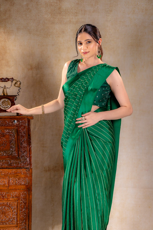 Emerald Green Crepe Saree with Gold and Silver Zari Stripe Detailing