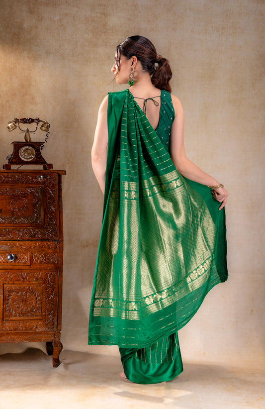 Emerald Green Crepe Saree with Gold and Silver Zari Stripe Detailing