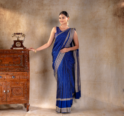 Royal Blue Crepe Saree with Gold Zari Square Border and Dot-Line Motifs