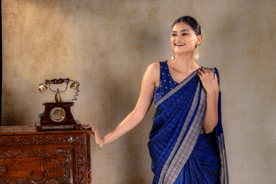Royal Blue Crepe Saree with Gold Zari Square Border and Dot-Line Motifs