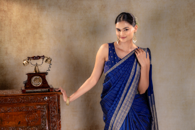 Royal Blue Crepe Saree with Gold Zari Square Border and Dot-Line Motifs