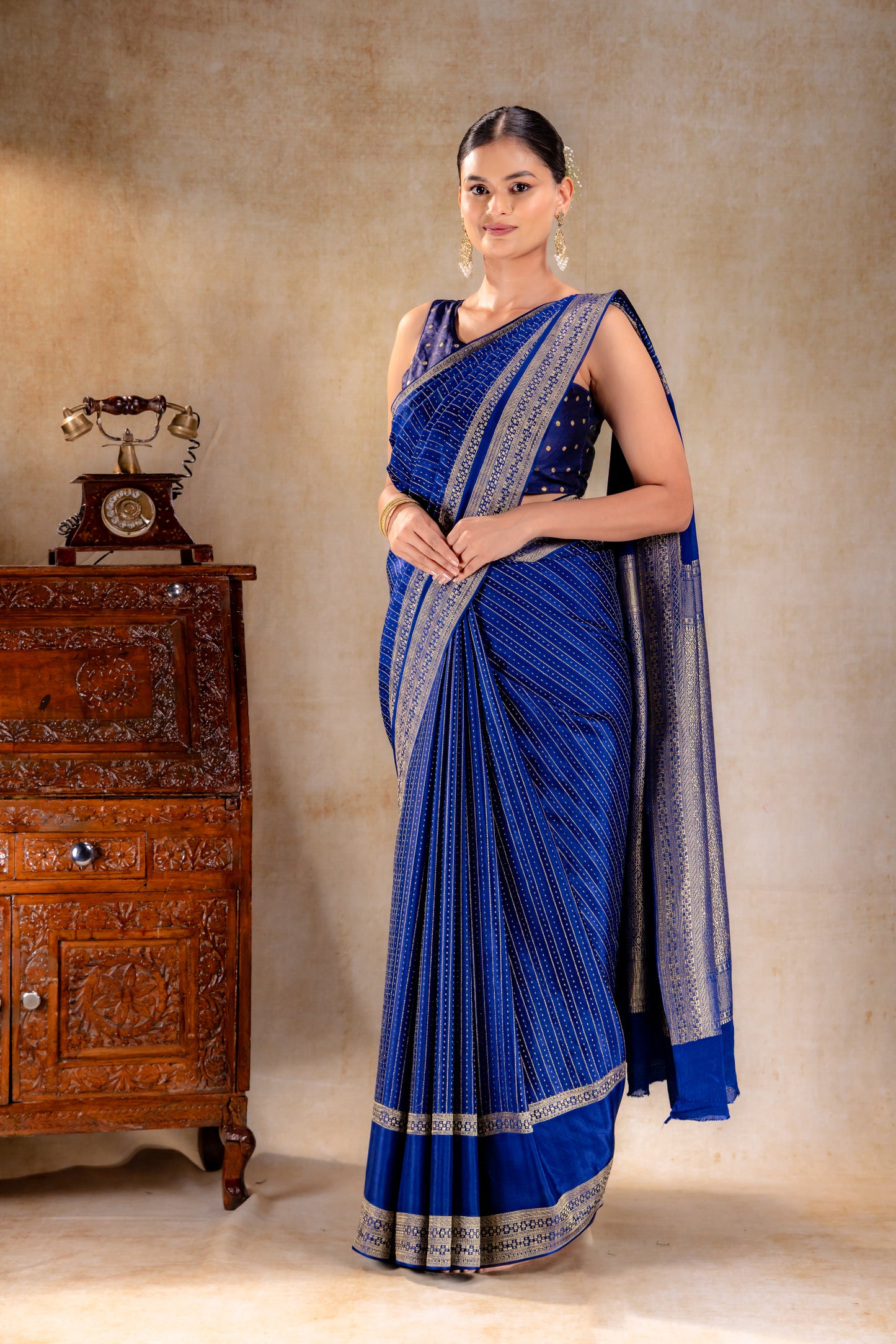 Royal Blue Crepe Saree with Gold Zari Square Border and Dot-Line Motifs