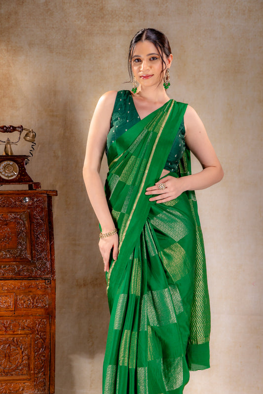 Leaf Green Crepe Silk Saree with Dual Zari Floral Boxes and Satin Border