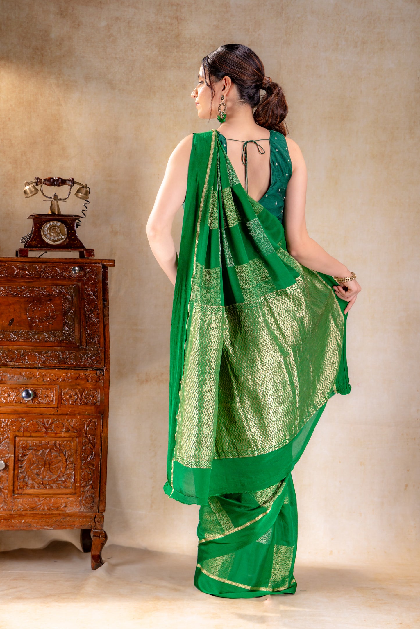 Leaf Green Crepe Silk Saree with Dual Zari Floral Boxes and Satin Border