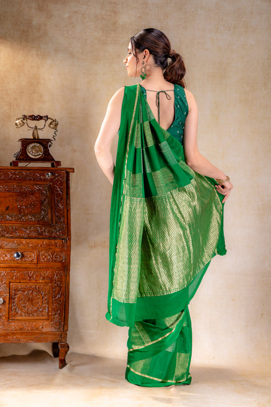 Leaf Green Crepe Silk Saree with Dual Zari Floral Boxes and Satin Border