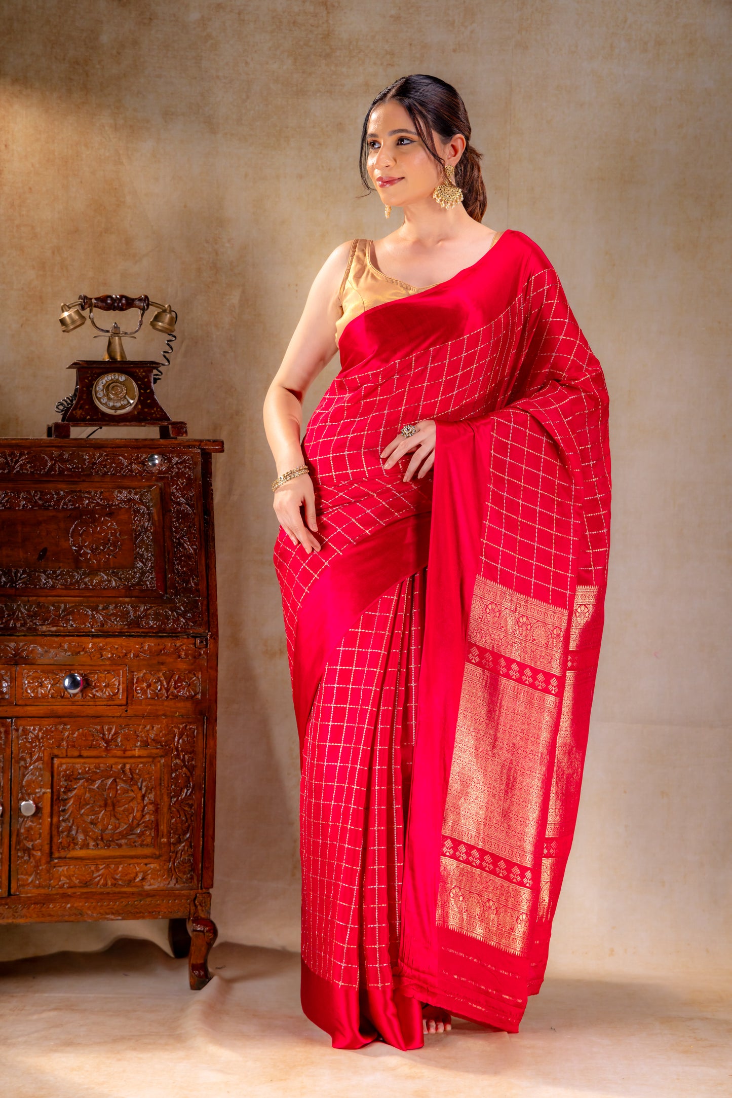 Red Crepe Saree with Gold-Silver Check Lines with Satin Border