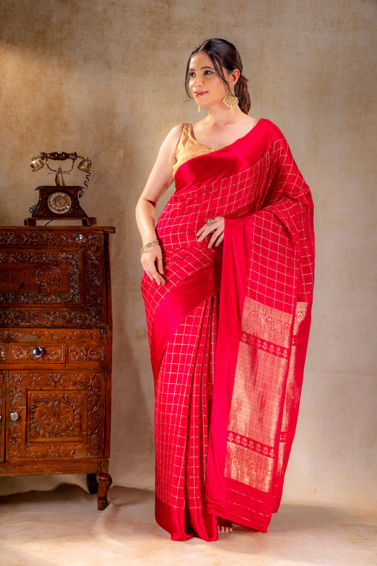 Red Crepe Saree with Gold-Silver Check Lines with Satin Border