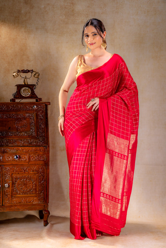 Red Crepe Saree with Gold-Silver Check Lines with Satin Border
