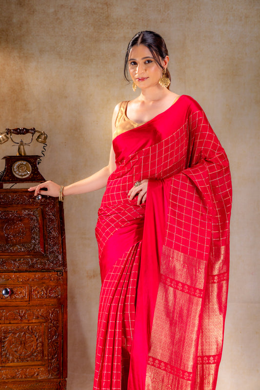 Red Crepe Saree with Gold-Silver Check Lines with Satin Border