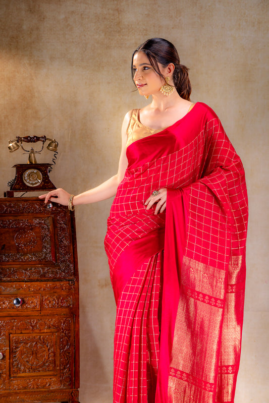 Red Crepe Saree with Gold-Silver Check Lines with Satin Border