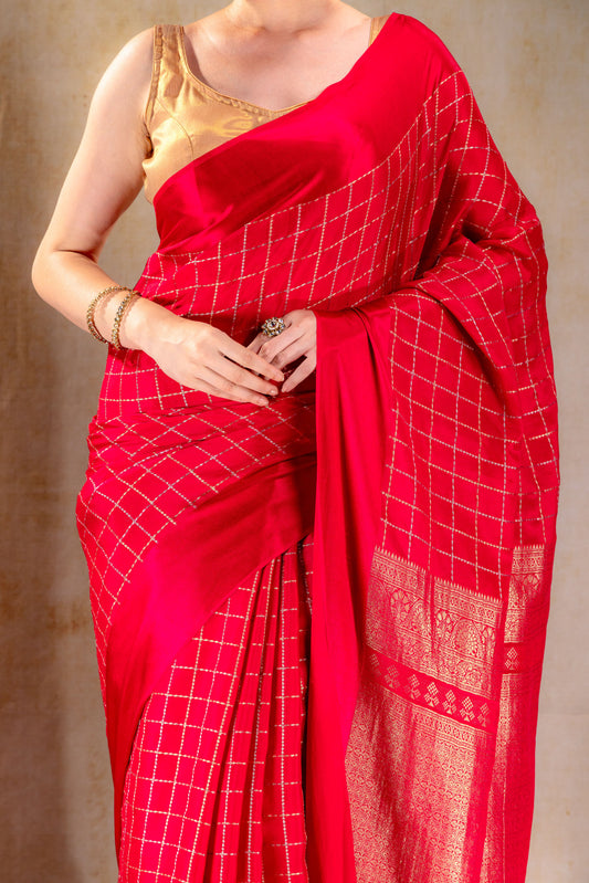 Red Crepe Saree with Gold-Silver Check Lines with Satin Border