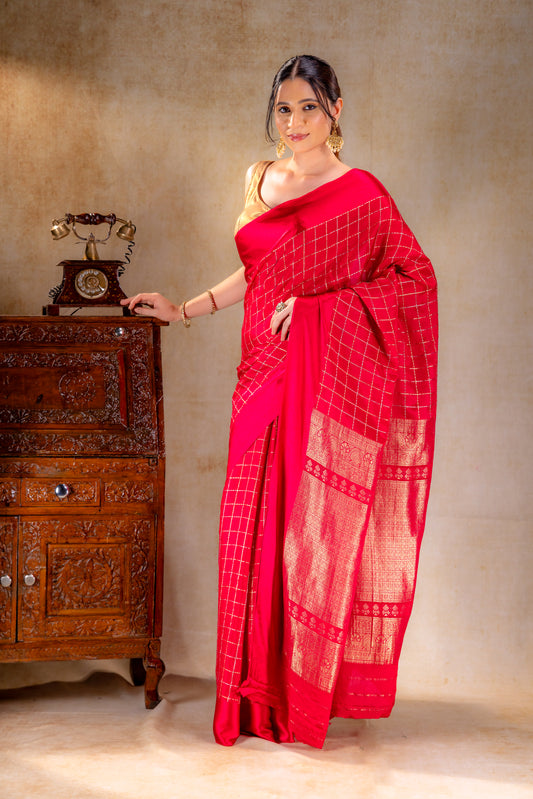 Red Crepe Saree with Gold-Silver Check Lines with Satin Border