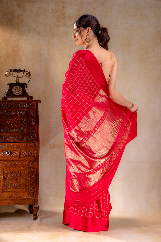 Red Crepe Saree with Gold-Silver Check Lines with Satin Border