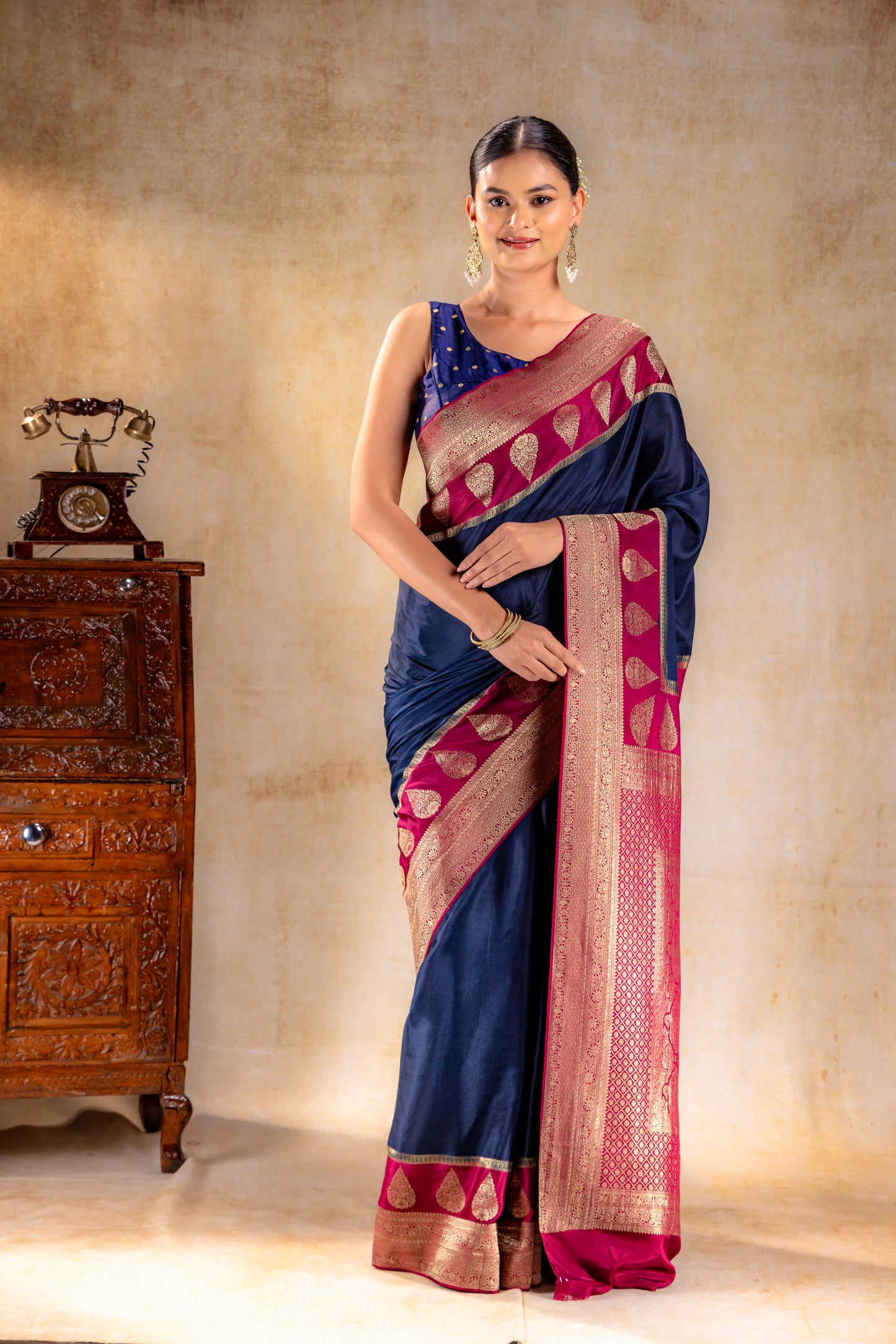 Navy Blue Crepe Saree with Maroon Zari Pallu and Border