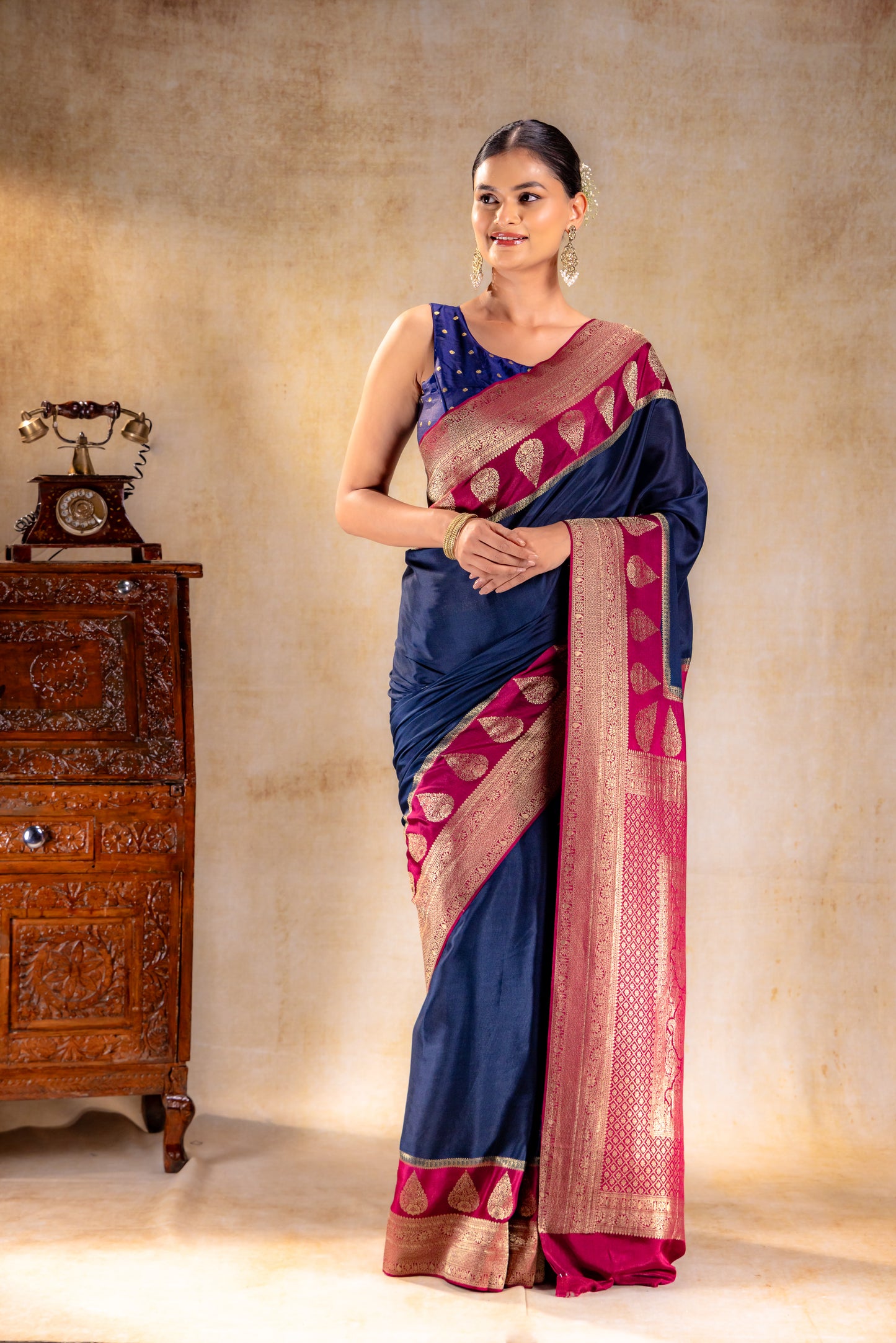 Navy Blue Crepe Saree with Maroon Zari Pallu and Border