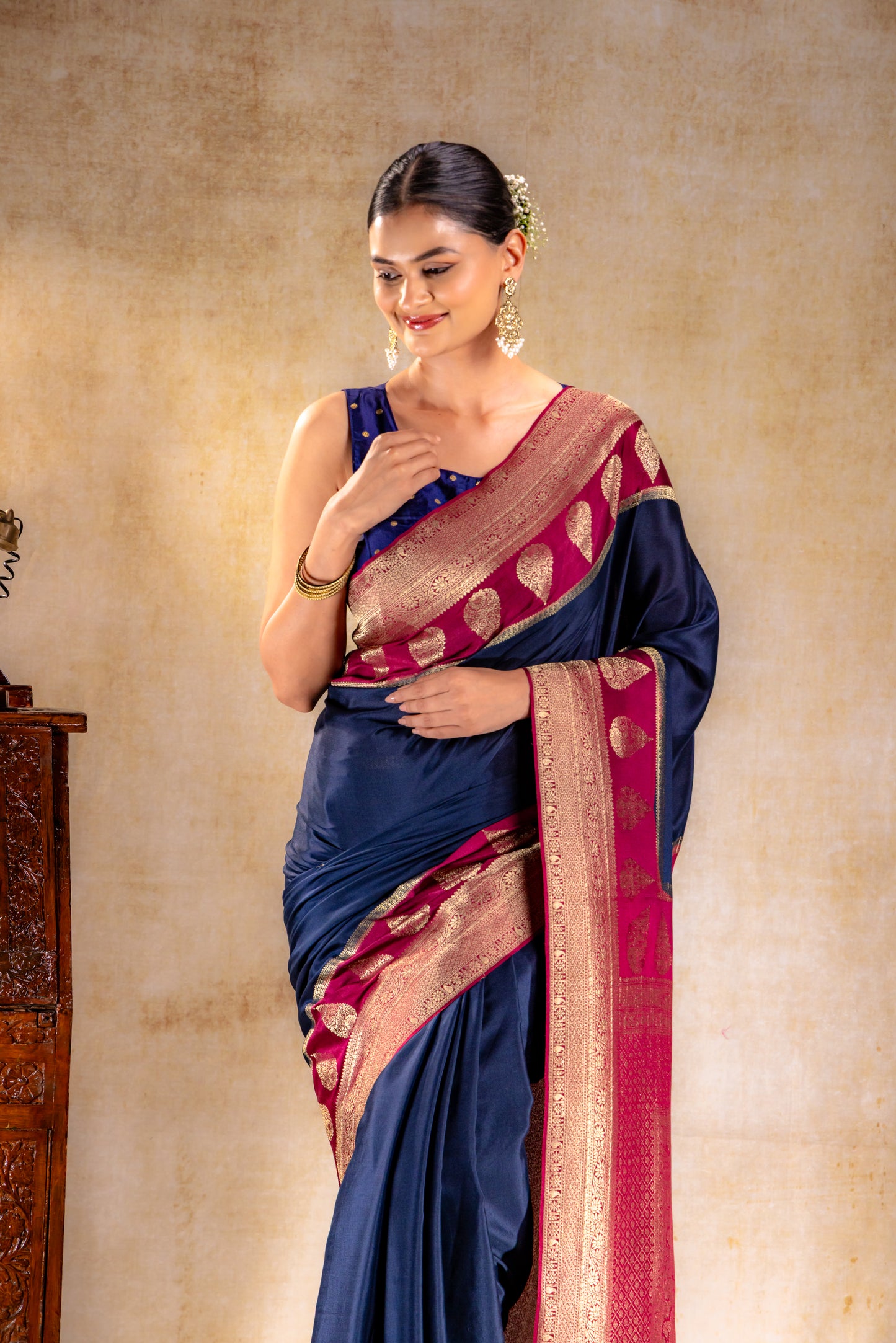 Navy Blue Crepe Saree with Maroon Zari Pallu and Border