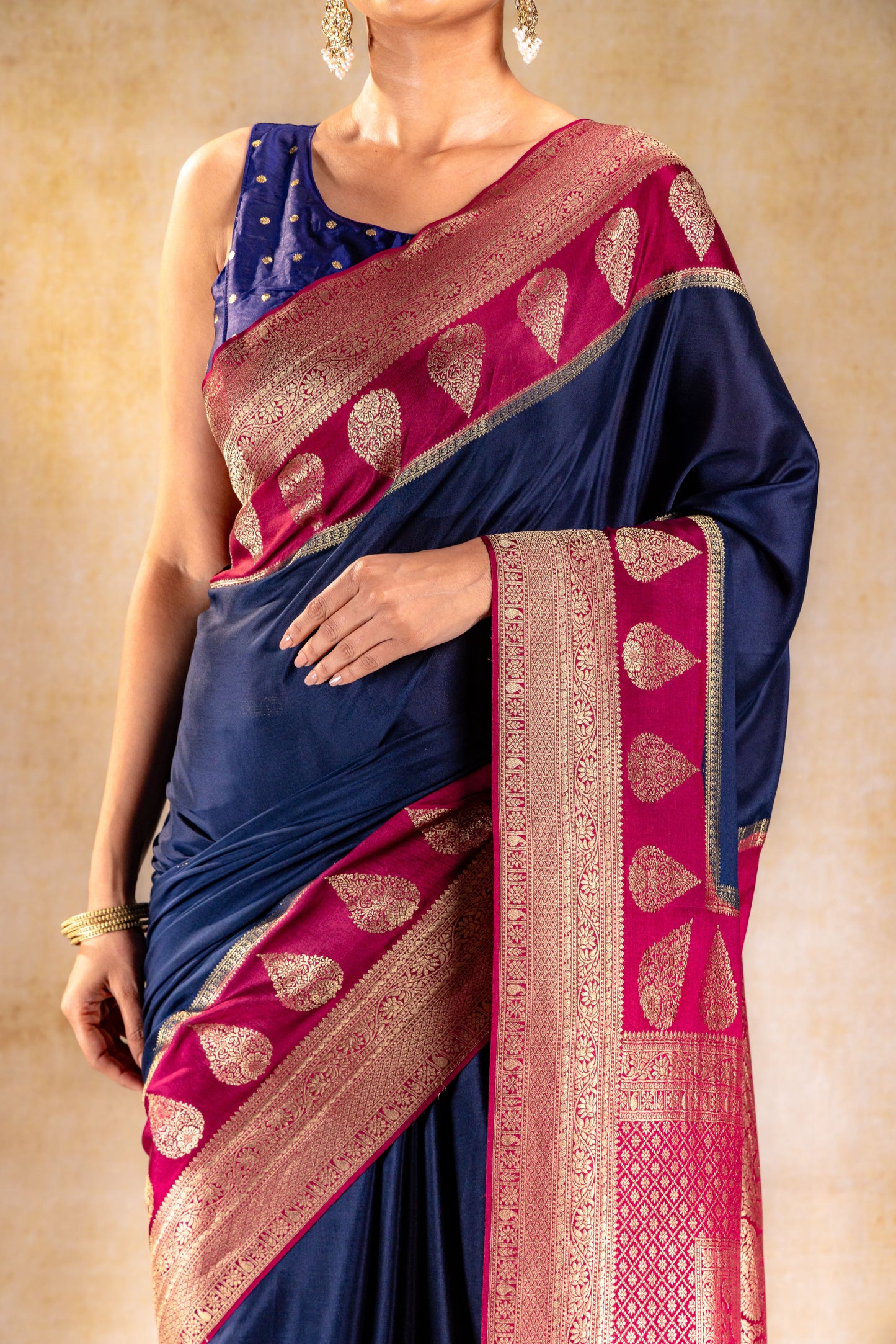 Navy Blue Crepe Saree with Maroon Zari Pallu and Border