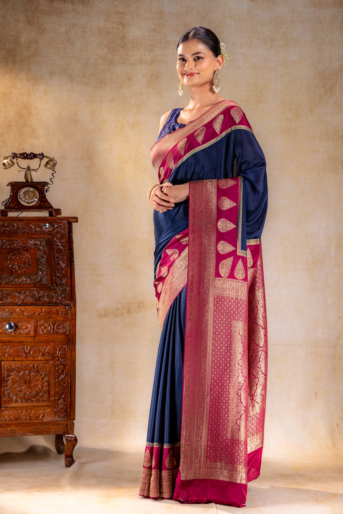 Navy Blue Crepe Saree with Maroon Zari Pallu and Border
