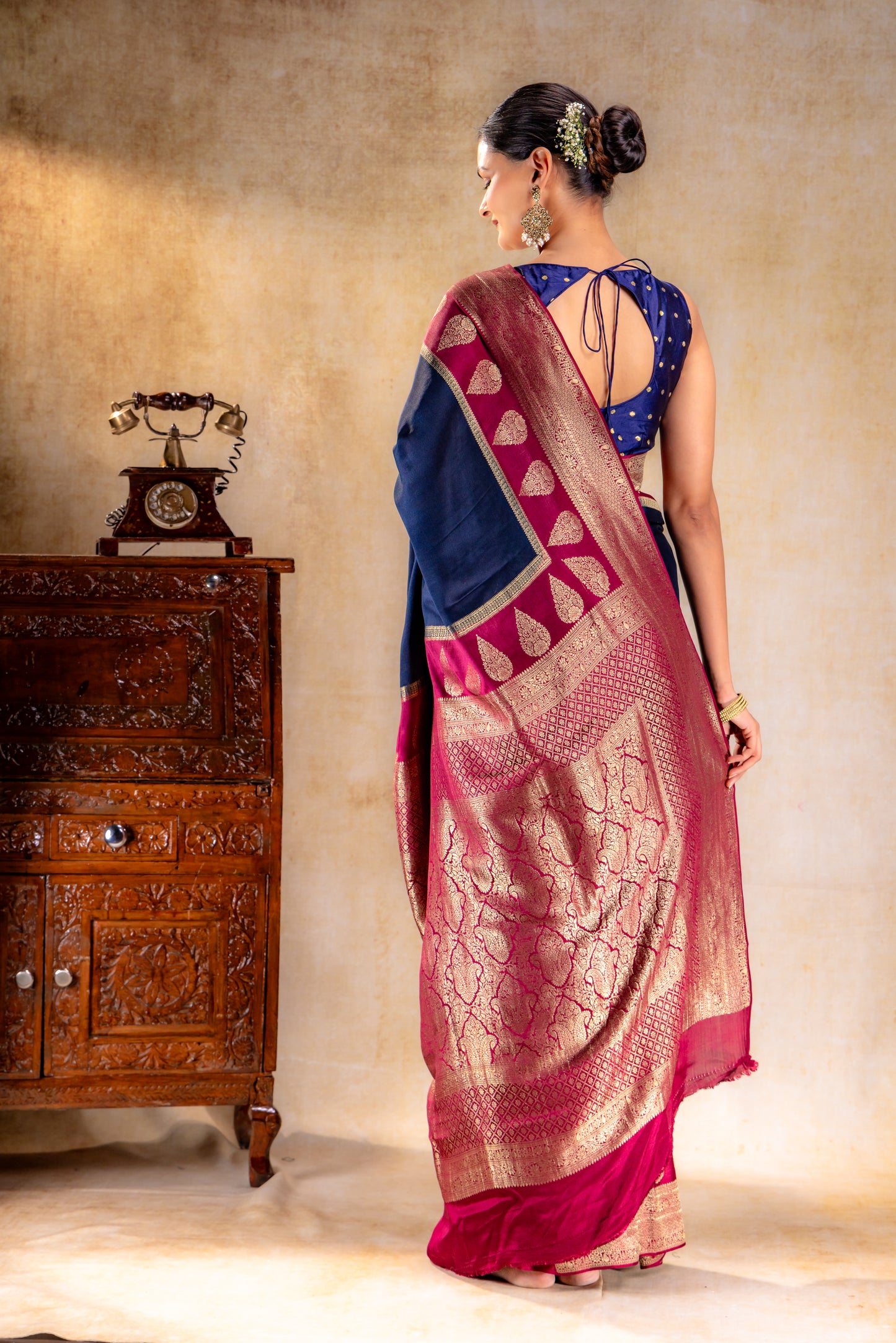 Navy Blue Crepe Saree with Maroon Zari Pallu and Border