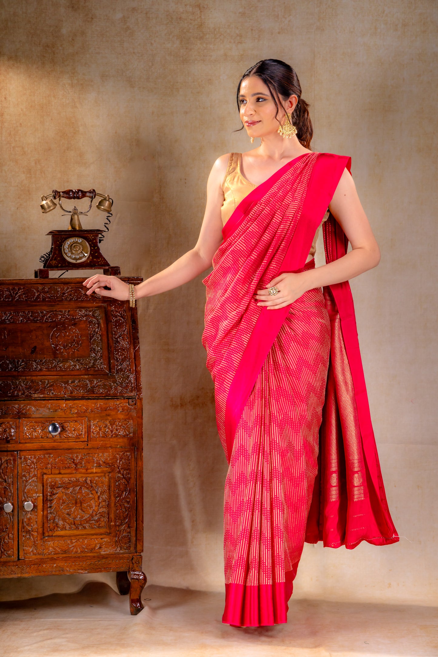 Rani Pink Crepe Silk Saree with Metallic ZigZag Weave and Satin Border